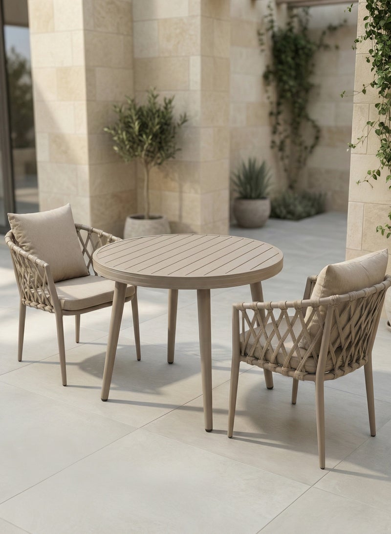 صن رايز طقم طاولة وكراسي خارجية 3 قطع من الألمنيوم، طاولة دائرية وكرسيان بحبل منسوج مع وسائد، للشرفة والتراس والحديقة - Image 1